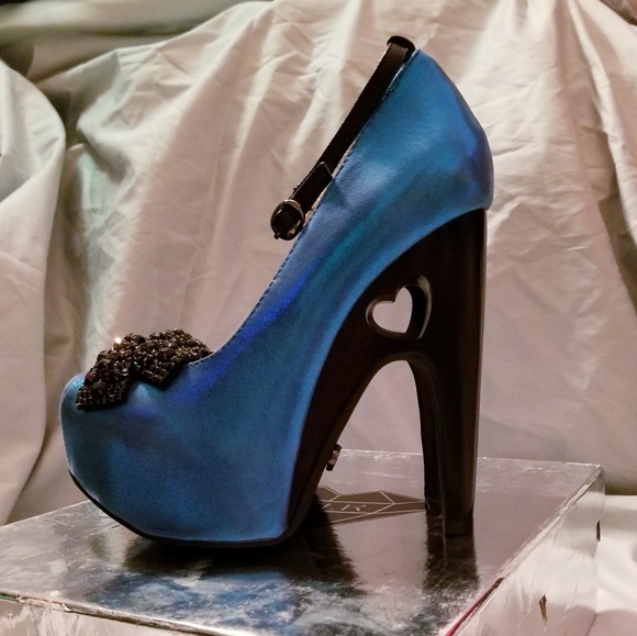 TUK A8047L Blue Black Platform Heels Hearts Bows - Picture 4 of 5
